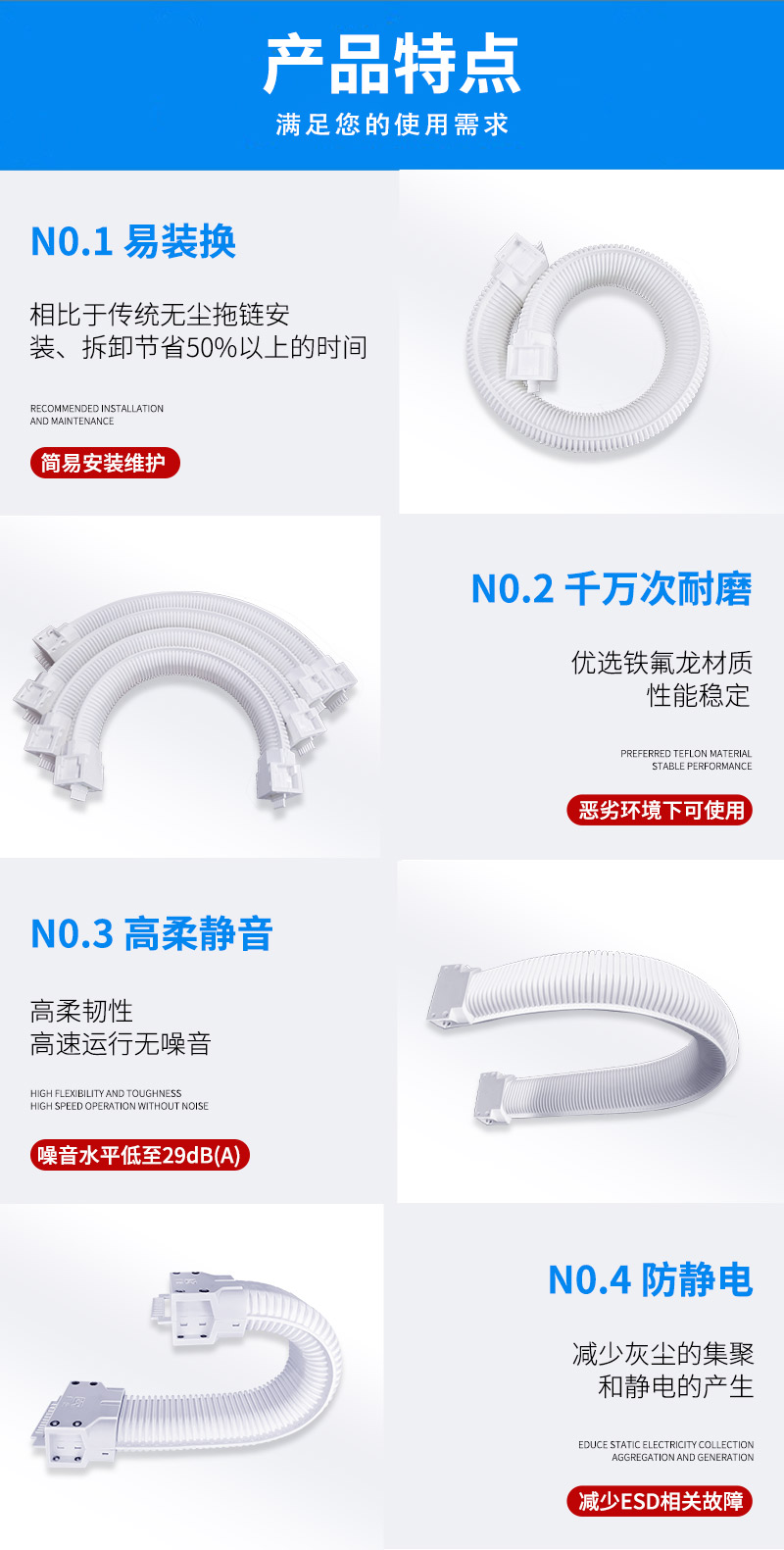 廣柔波紋管拖鏈高柔無塵拖鏈管線包產(chǎn)品特點(diǎn)